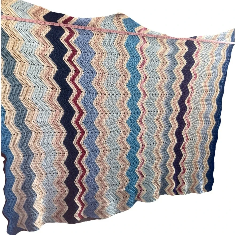 Vintage Crochet Afghan Blanket Chevron Zigzag Blues/pinks/ Tan96 X78‎